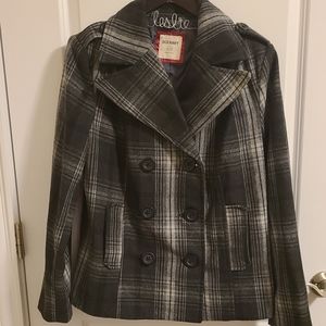 Old Navy Grey and White plaid wool short peacoat